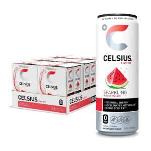 CELSIUS Sparkling Watermelon Fitness Drink, Zero Sugar, 12oz. Slim Can, 12 Pack
